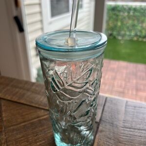 Target Aqua Leaf Embossed Glass Tumbler with Straw